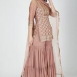 Peach Georgette Naksha Embroidery Split Chanderi Kurta Sharara Set