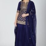 Dark Blue Sharara Set with Naksha ,Sequins Embellishments