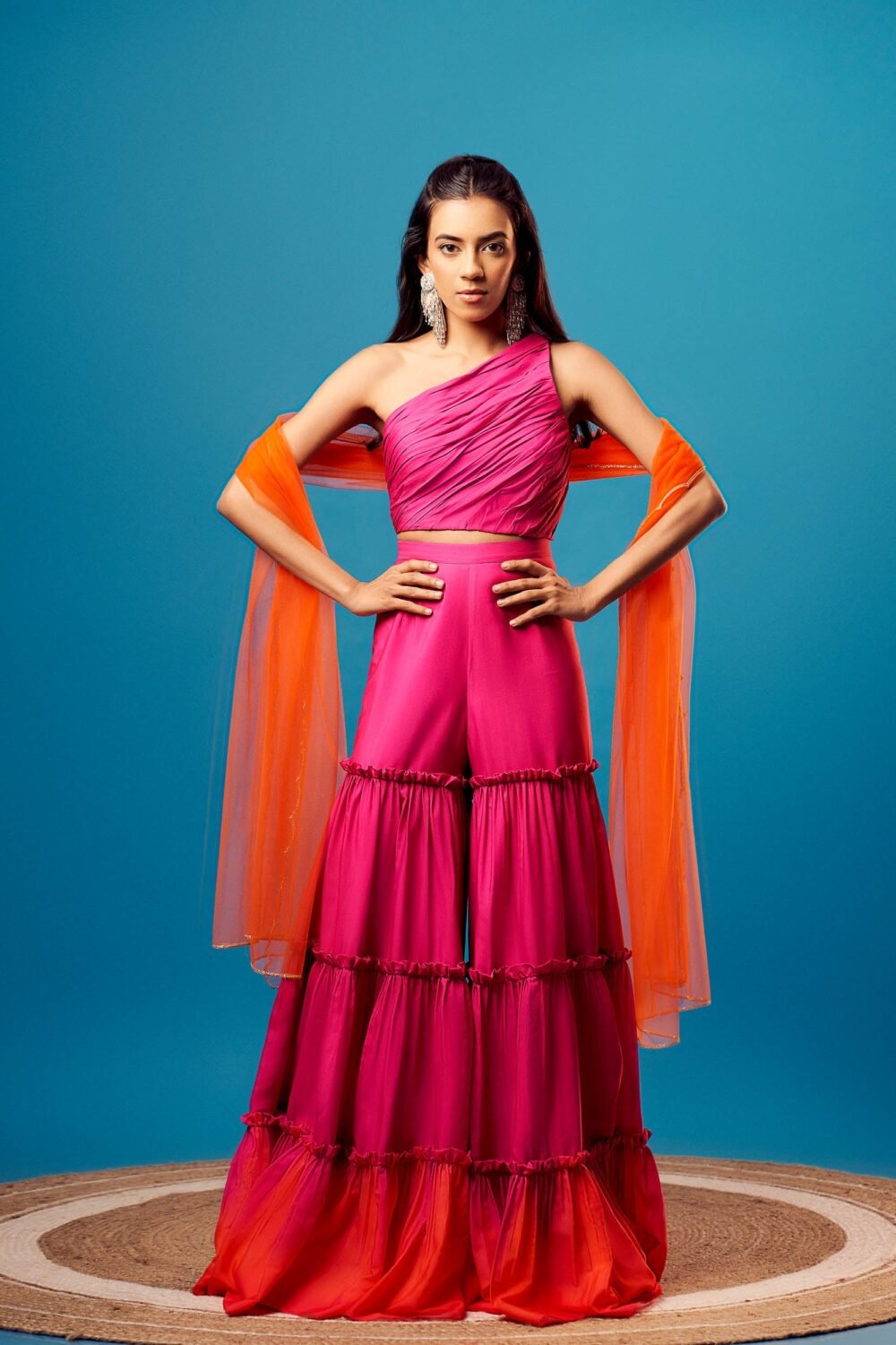 Pink-Orange Ombre French Crepe One Shoulder Tiered Sharara Set