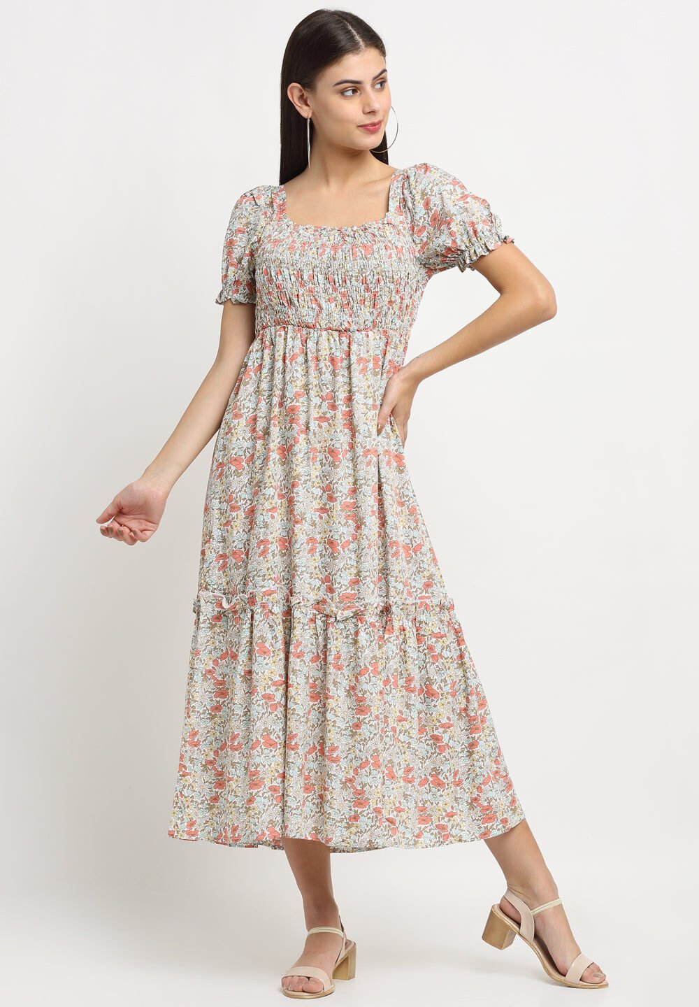 Grey Floral Maxi-Fit Flared Dress