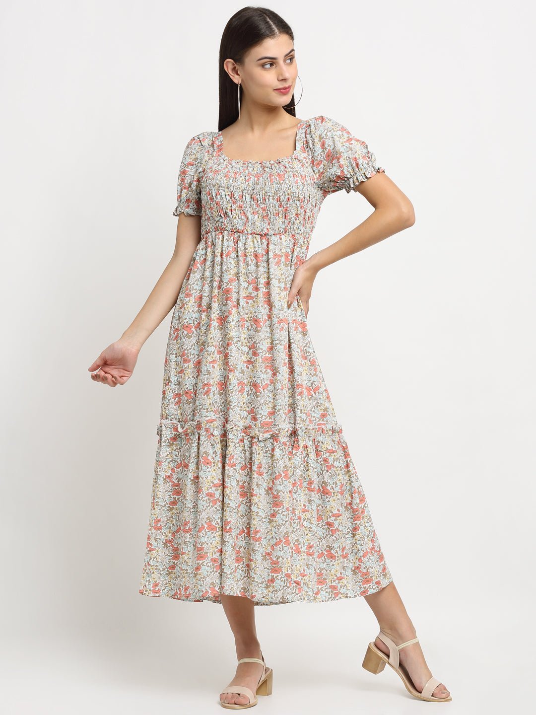 Grey Floral Maxi-Fit Flared Dress