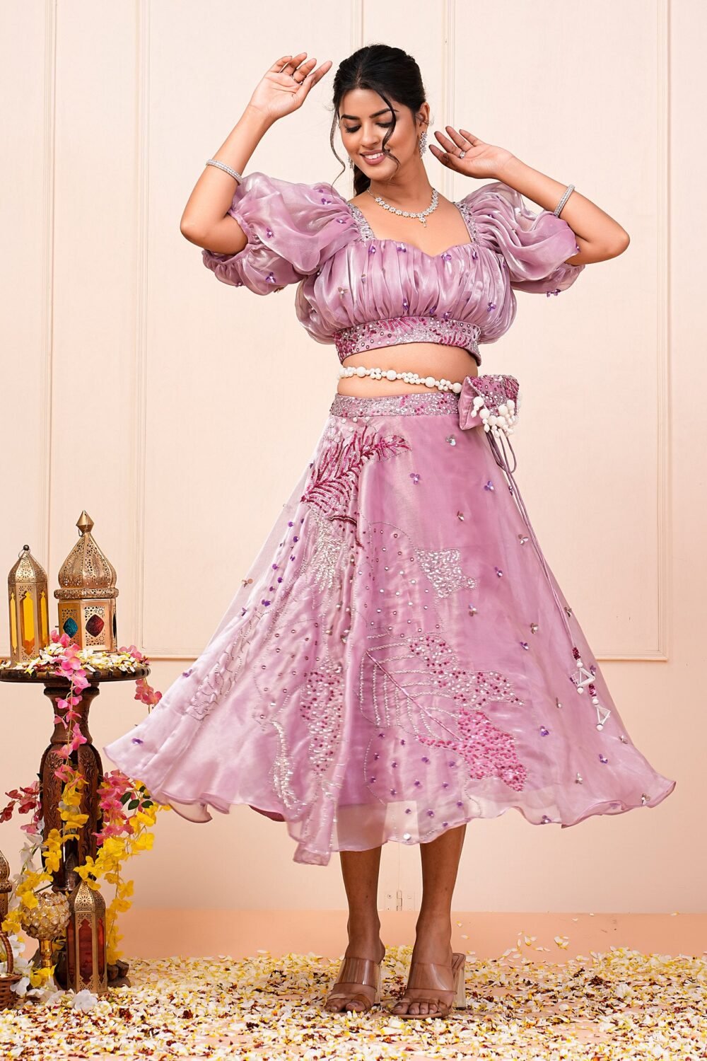 Pink Lavender Floral Hand Embroidered Short Lehenga Choli With Bum Bag Set