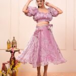 Pink Lavender Floral Hand Embroidered Short Lehenga Choli With Bum Bag Set