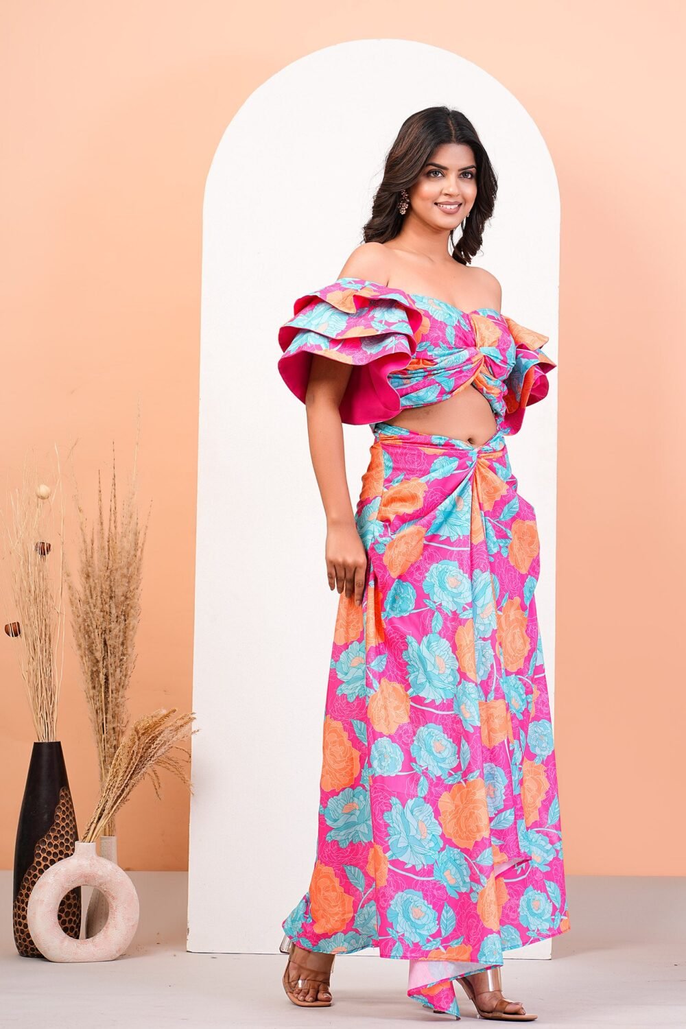Hot Pink Floral Printed Ruffled Sleeves Top With Drape Skirt