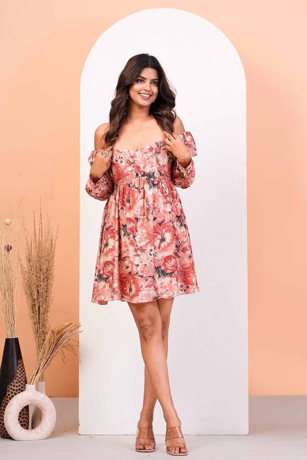 Apricot Blush Foil Floral Print Back Tie-Up Dress