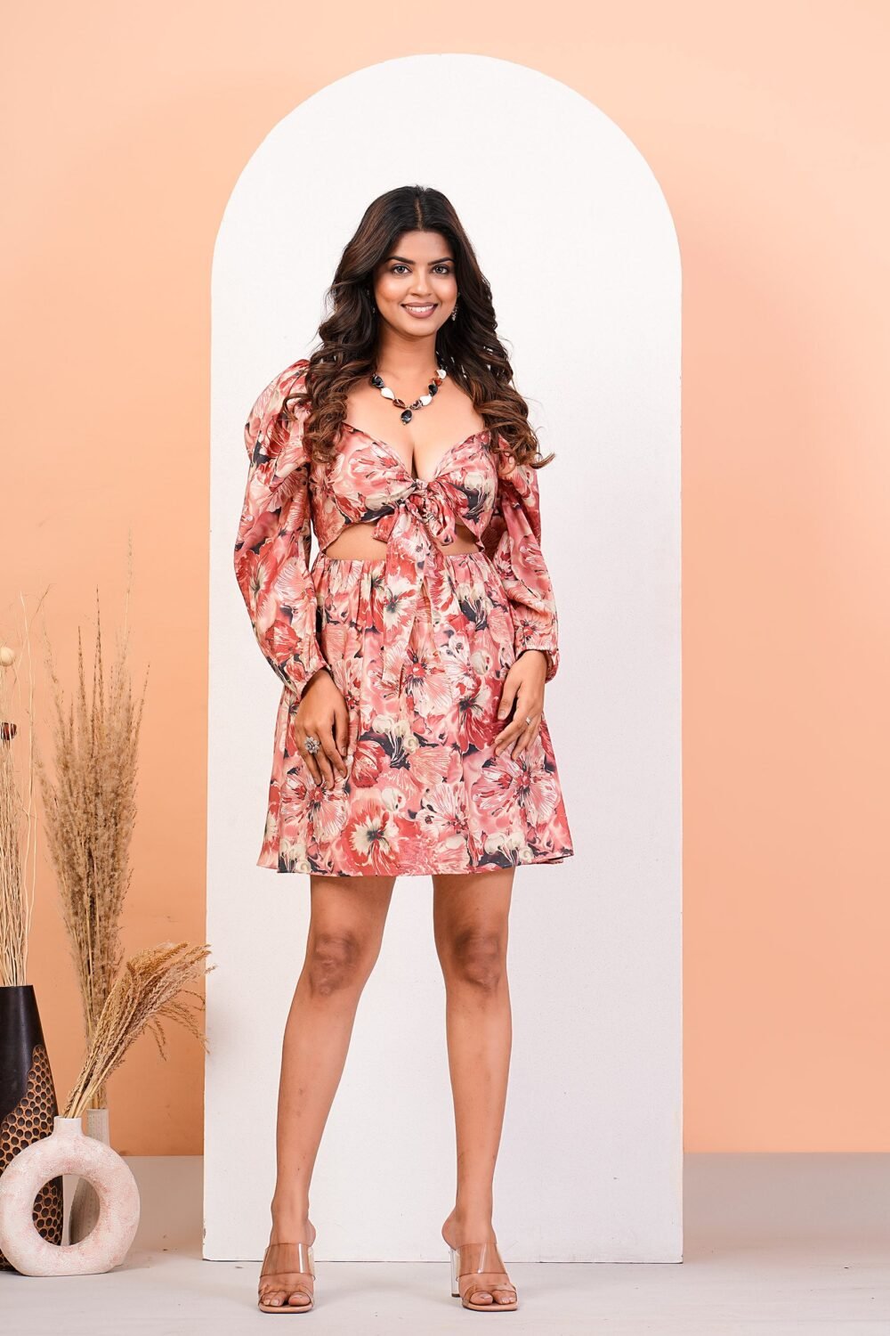 Apricot Blush Foil Floral Print With Front Tie-Up Dress