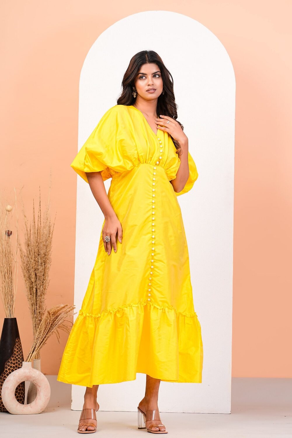 Bright Yellow Gathered Calf Length Dress With Pearl Buttons