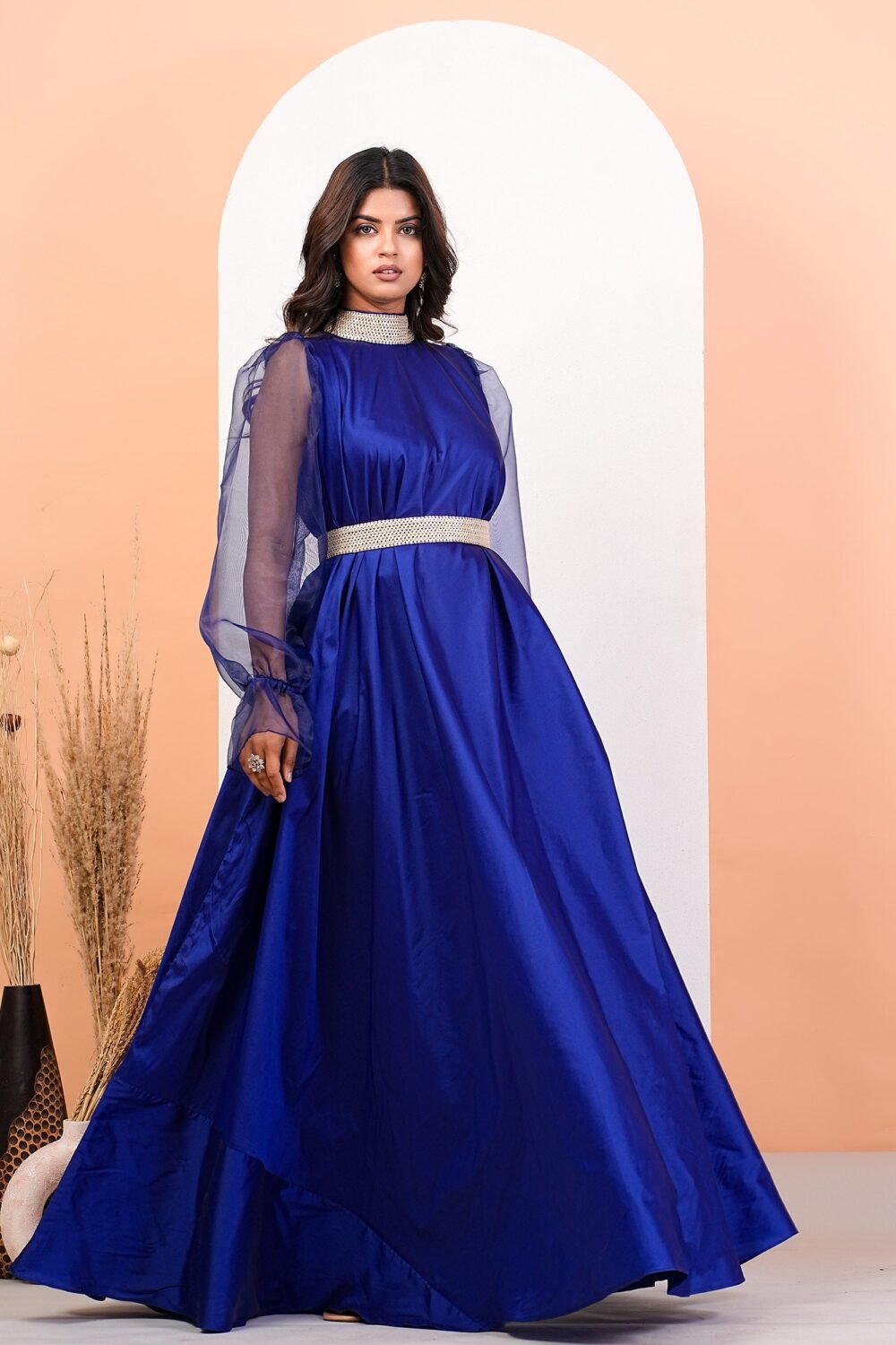 Hight Neck Reflax Blue Dress With Organza Puff Sleeves