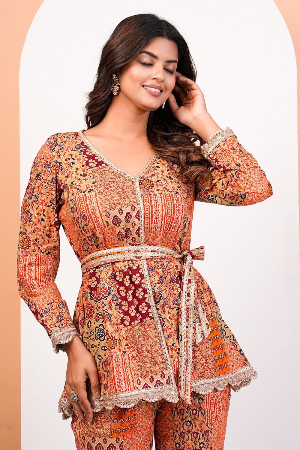 Harissa Red Multi-Printed Front Opening Kurta Pant Belt Set
