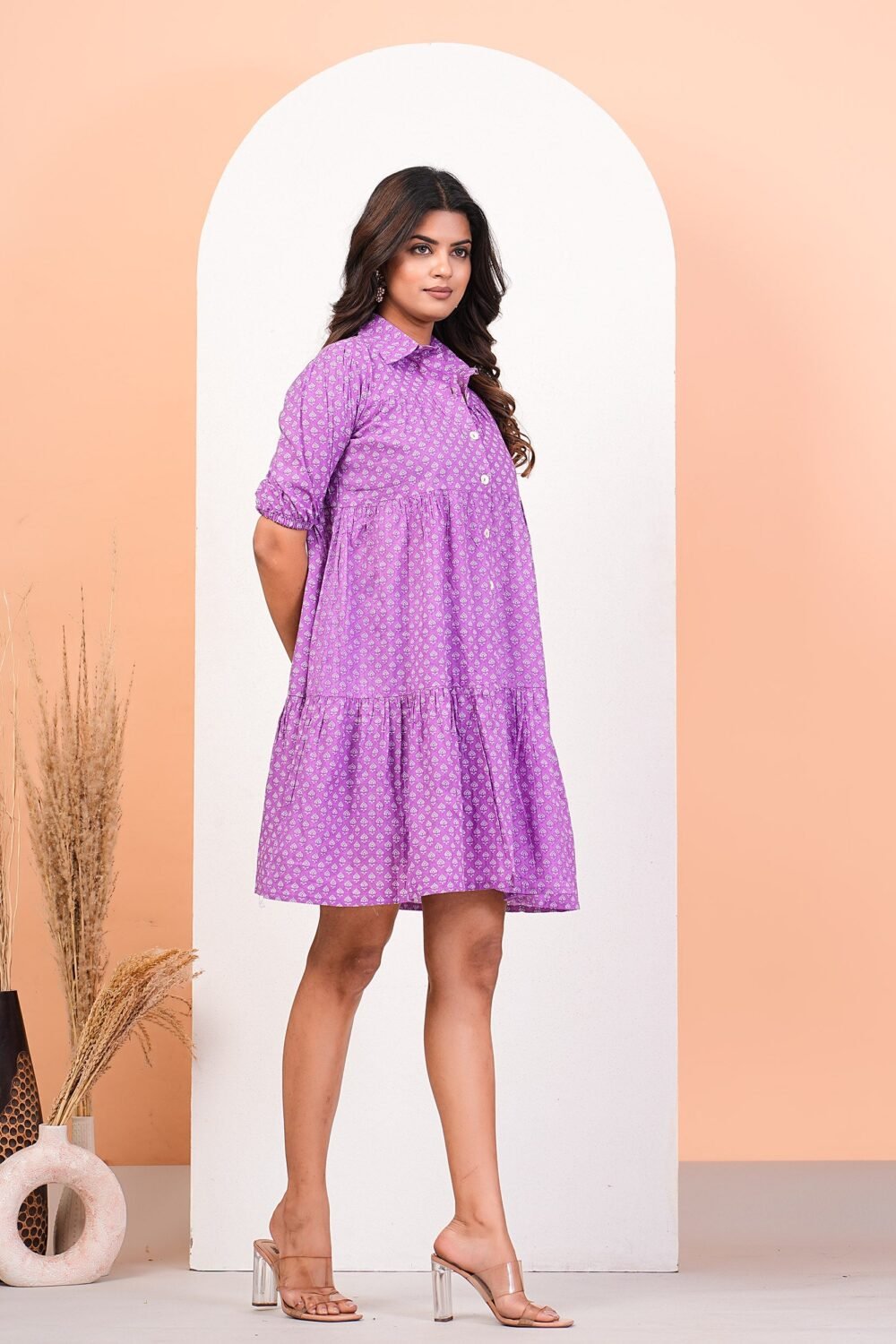 Lavender Pink Lalic Layered Shirt Dress With Shell Buttons