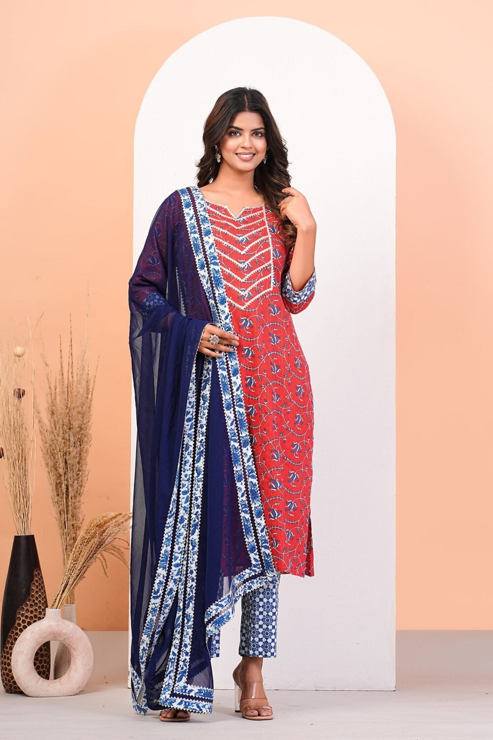 Red Floral Katha Printed Kurta Pant Dupatta Set With Lace Highlight