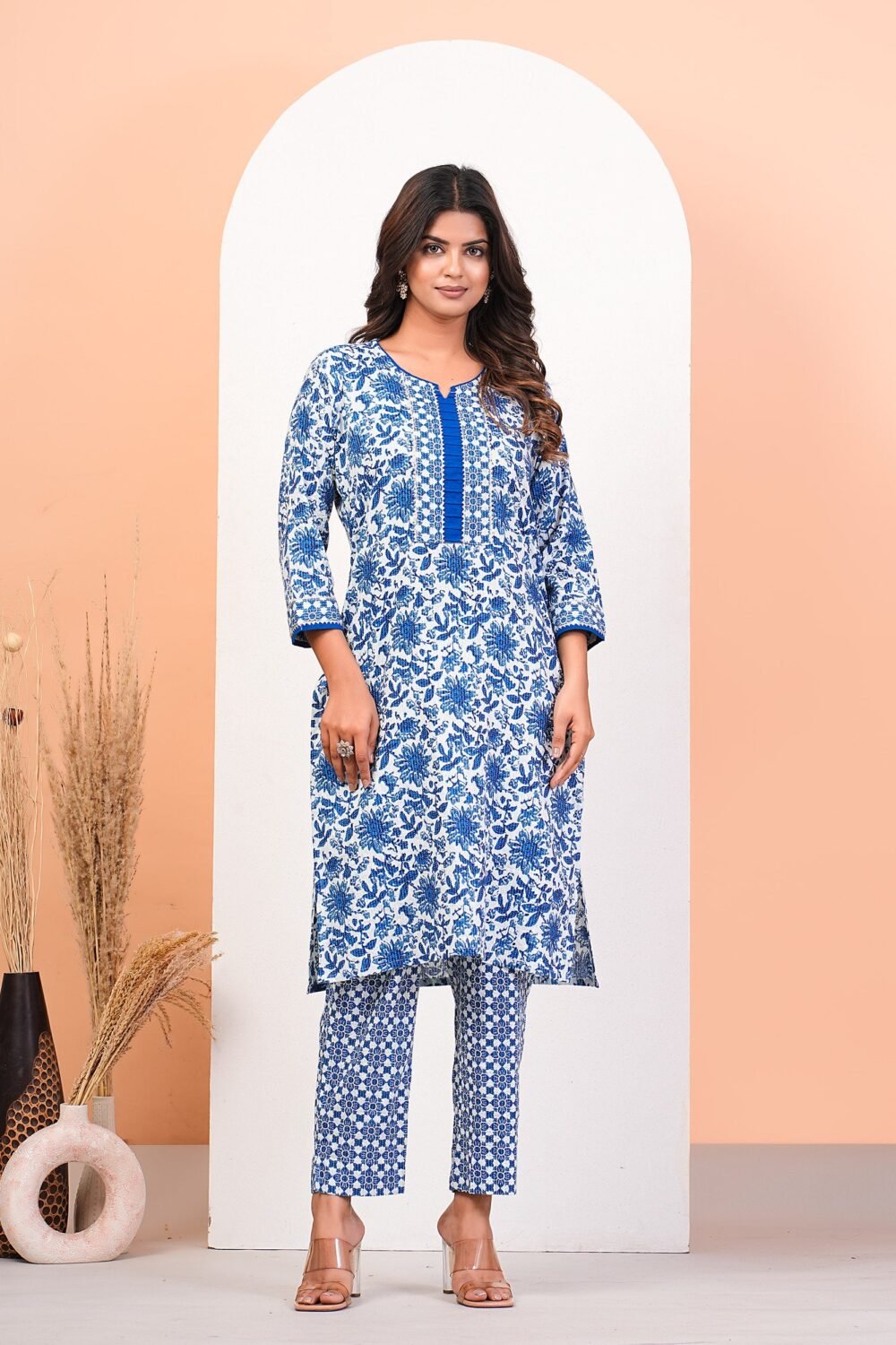 Floral Blue Katha Kurta Pant Dupatta Set With Lace Highlight