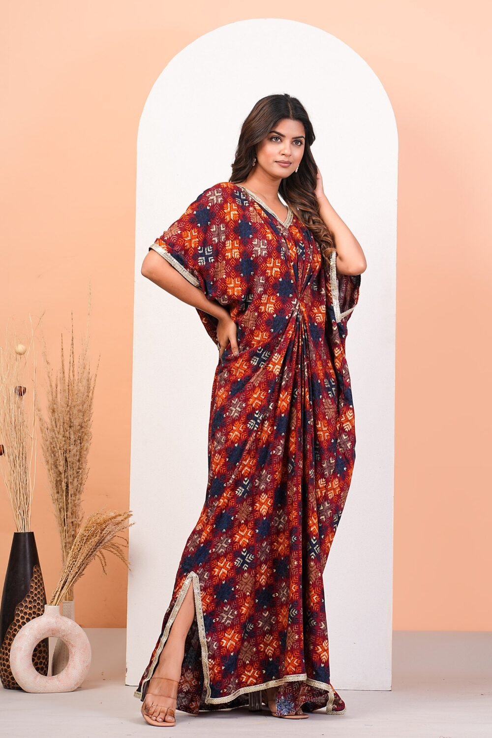 Multicolour Geometric Foil Printed Kaftan Dress