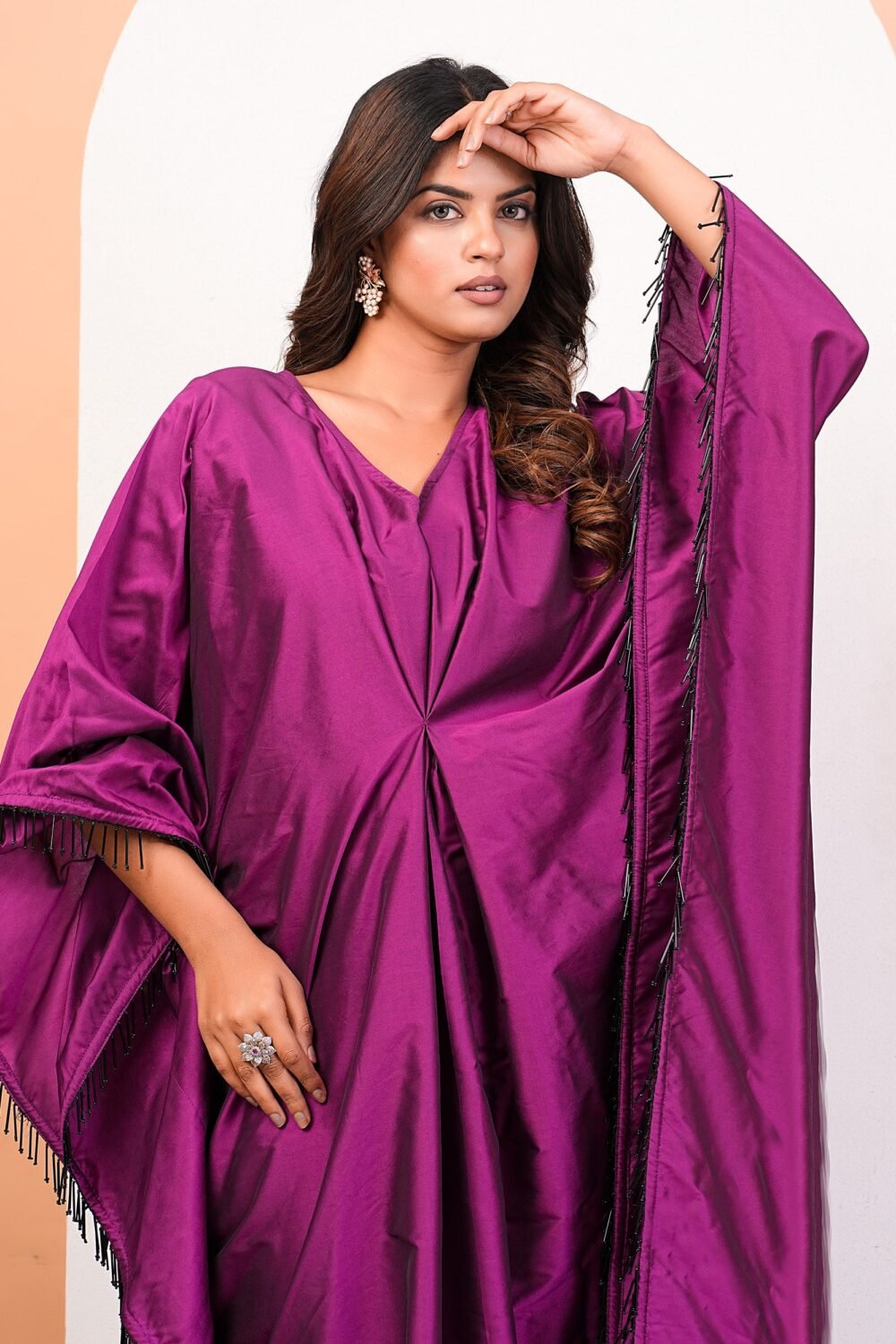 Radiant Orchid Pink Floor-Length Kaftan Dress With Tassel Embellishments