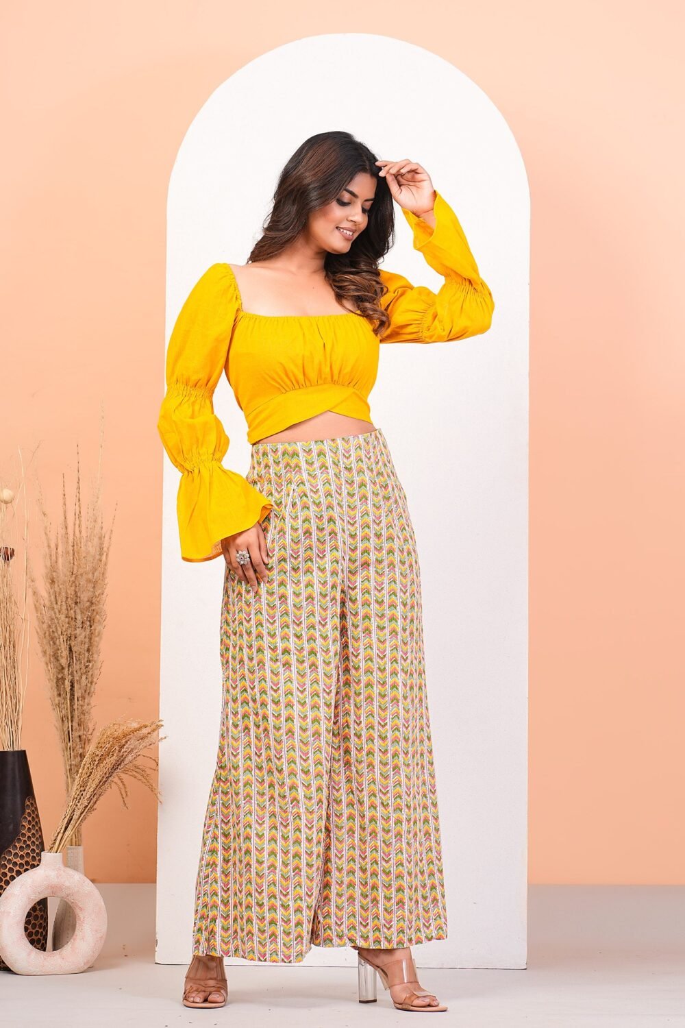 Yellow Slub Top With High Waisted Pant Set