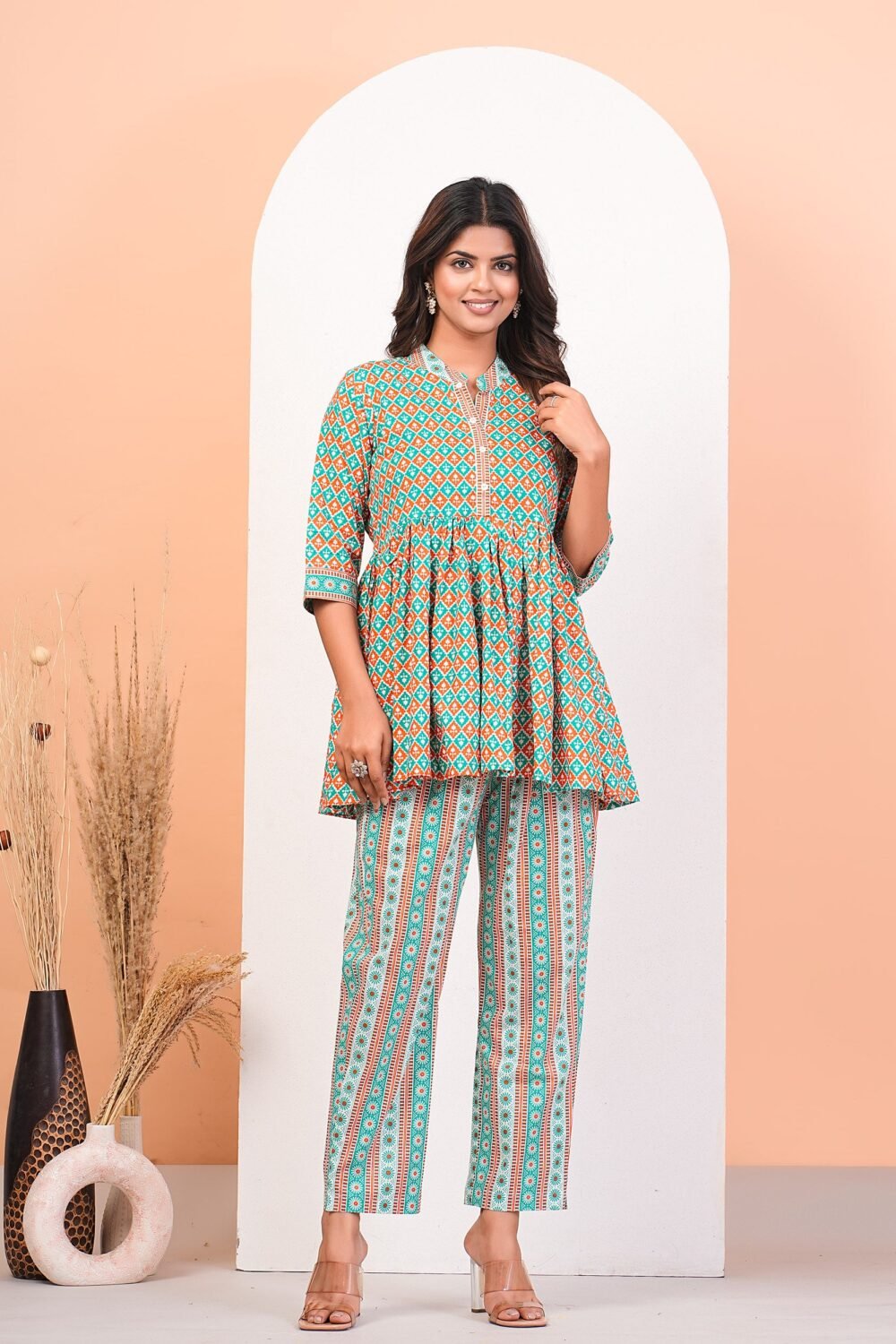 Multicolour Screen Print Peplum Kurta Pant Set