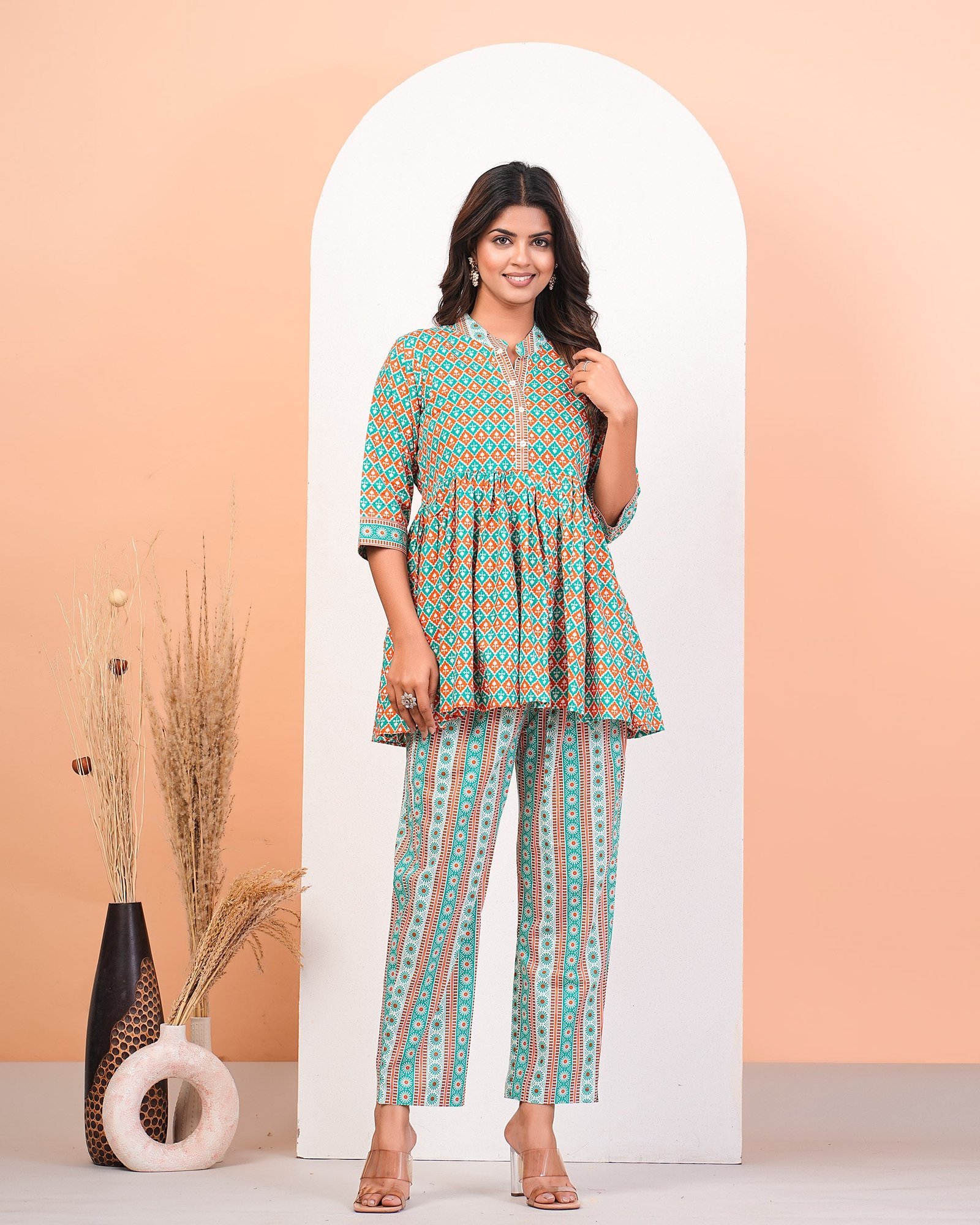 Multicolour Screen Print Peplum Kurta Pant Set