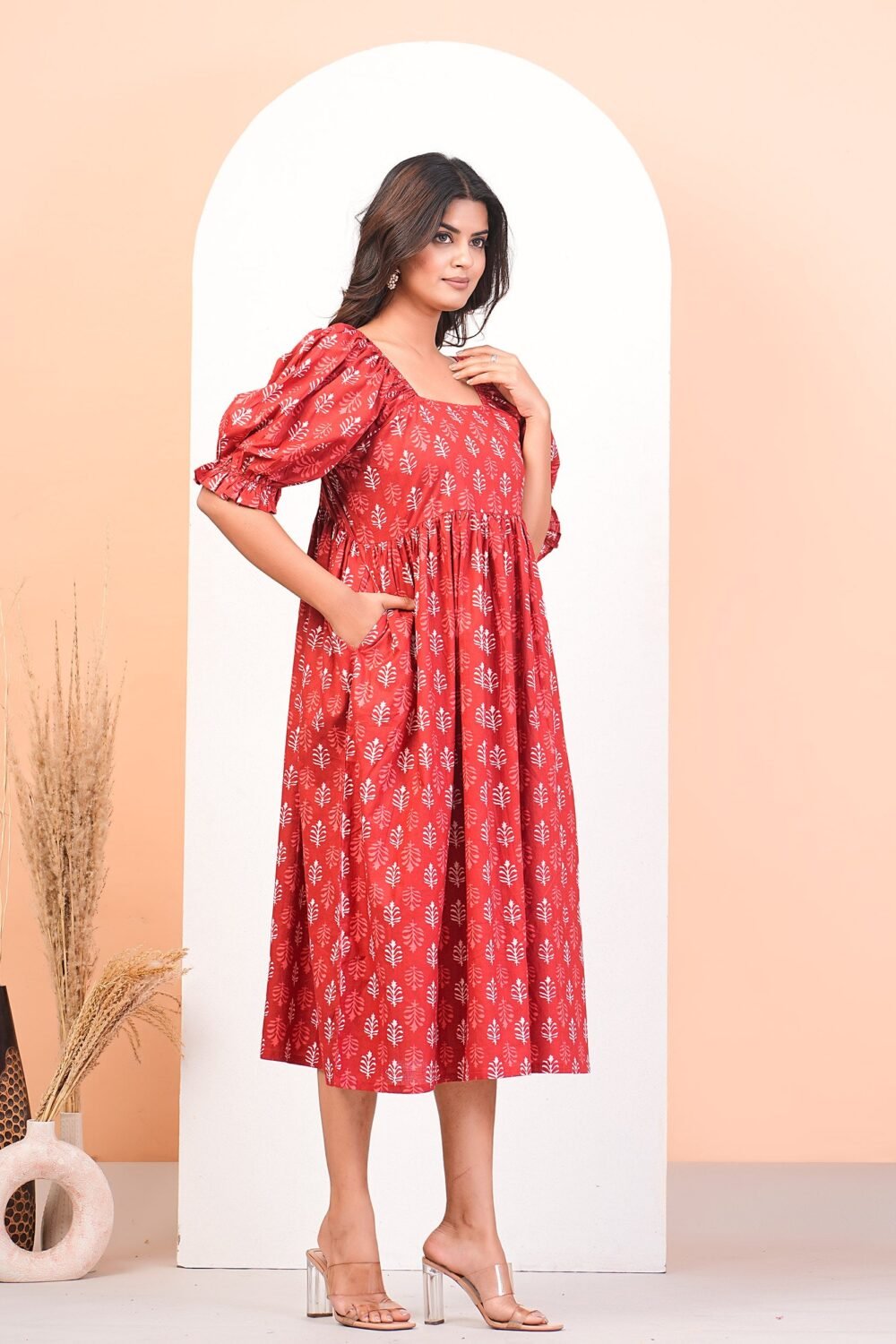 Coral Red Cotton Comfort Calf-Length Dress With Puff Sleeves And Pockets
