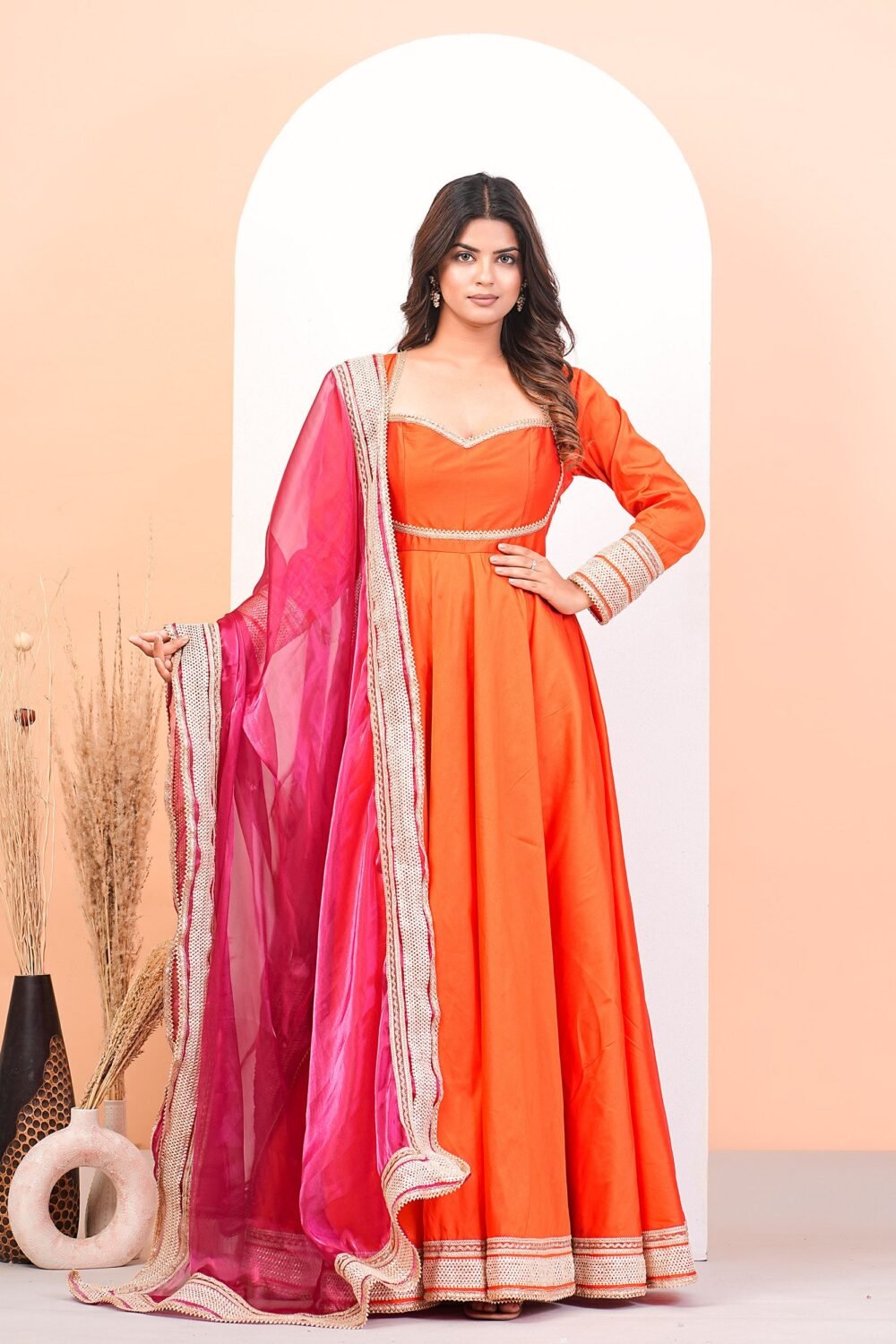 Shocking Orange Anarkali Suit Set With Lace Detailing