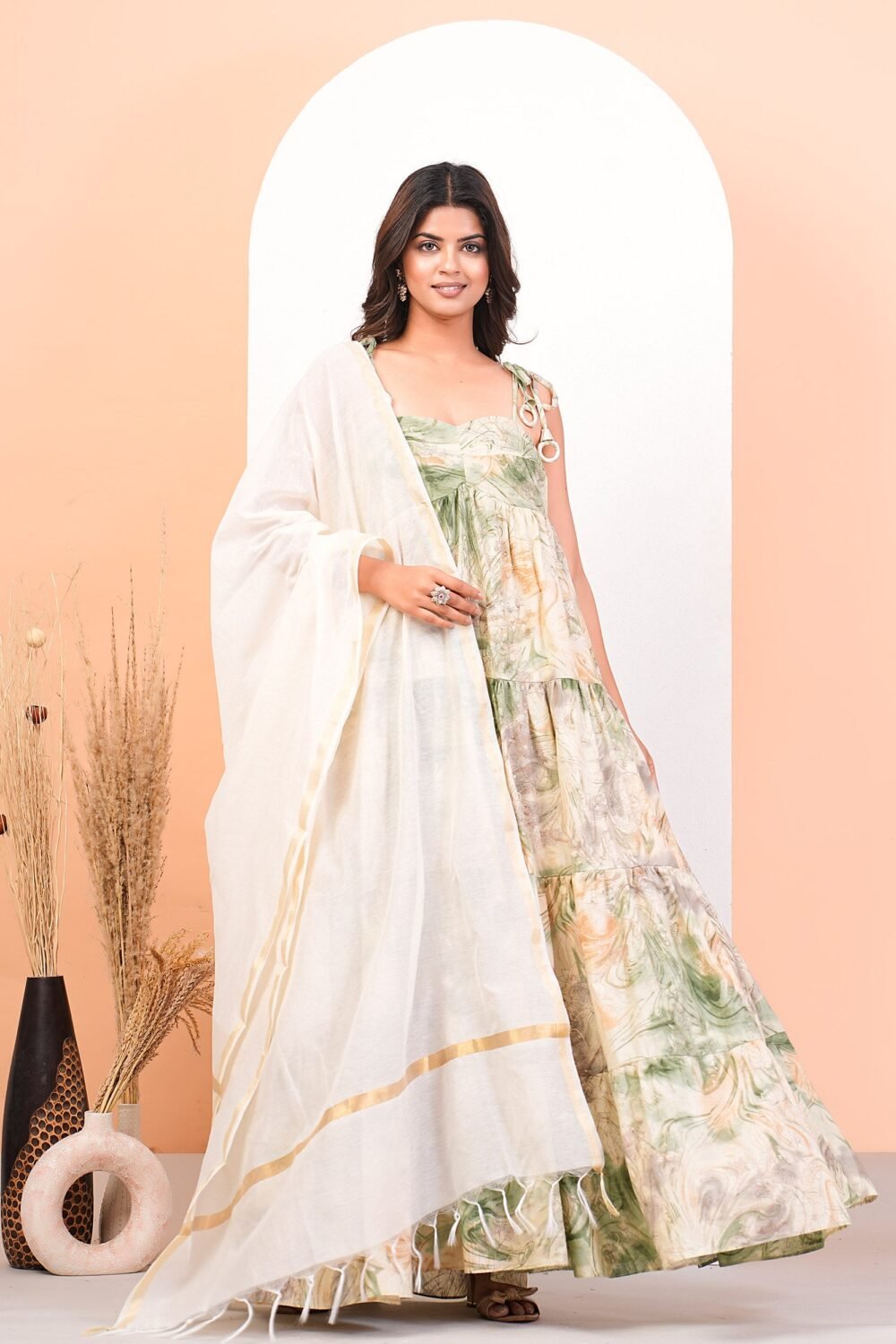 Multicolour Floral Abstract Layered Anarkali Kurta With Dupatta Set