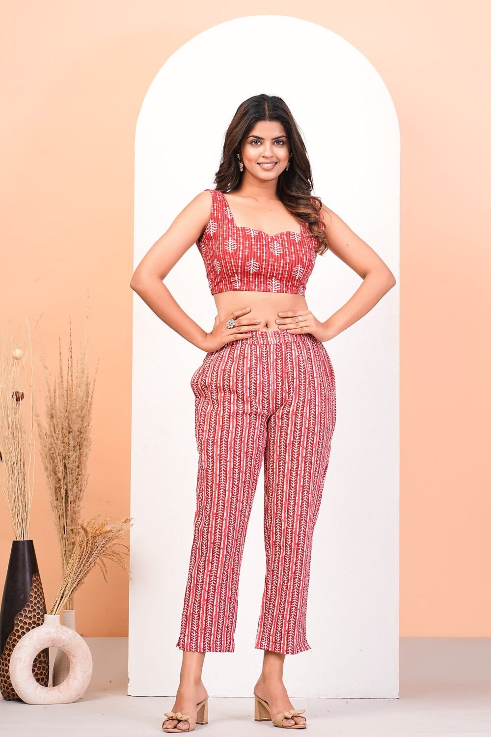 Red Katha Cotton Screen Printed Co-Ors Set