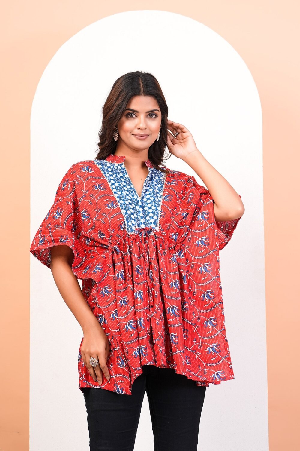 Floral Katha Red Kaftan With Drawstrings