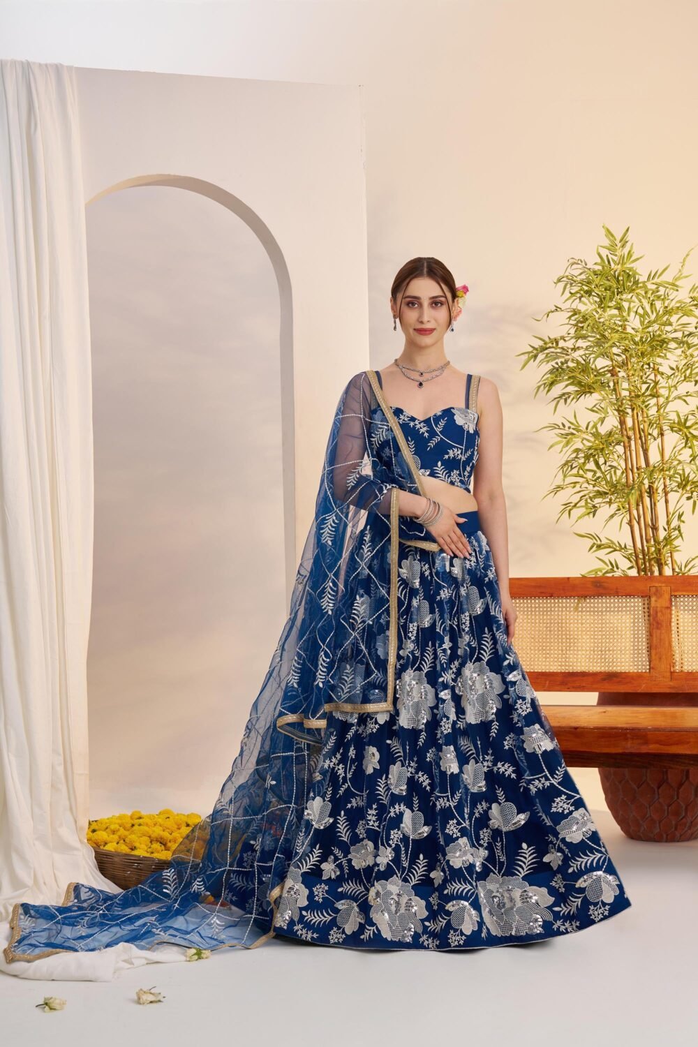 Royal Blue Butterfly Net Sequins & Tone to Tone Cotton Thread Work Sangeet Lehenga