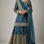 teal blue chanderi silk aari hand & machine embroidered sharara set