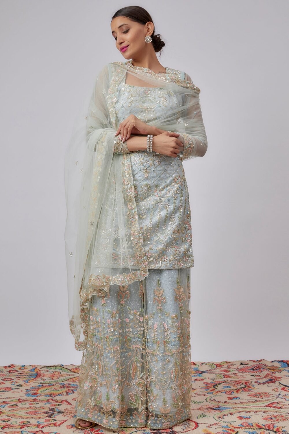 blue net embroidered sharara set