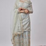 blue net embroidered sharara set