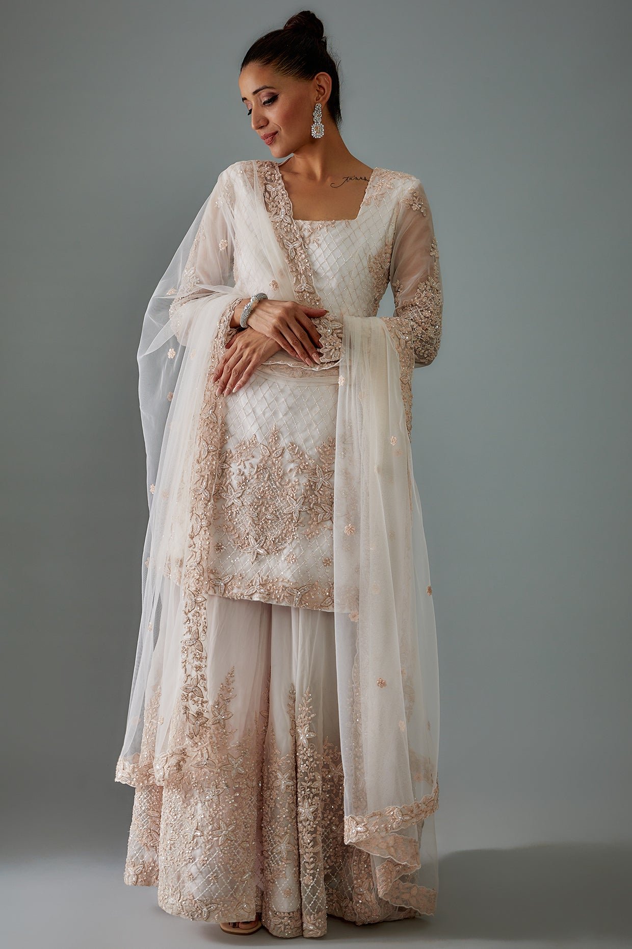 ivory net embroidered sharara set