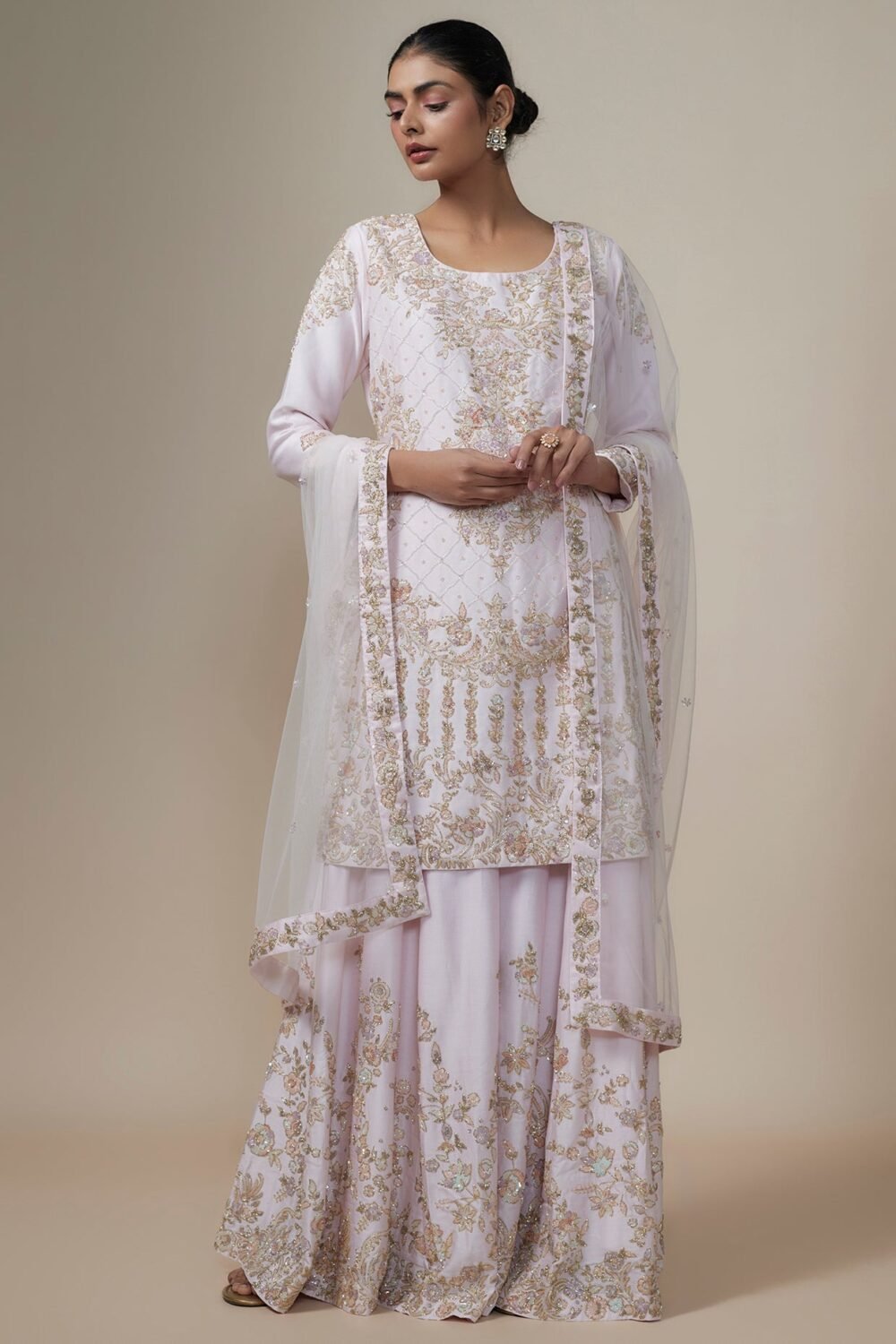 pink chanderi silk aari & zardosi embroidered sharara set