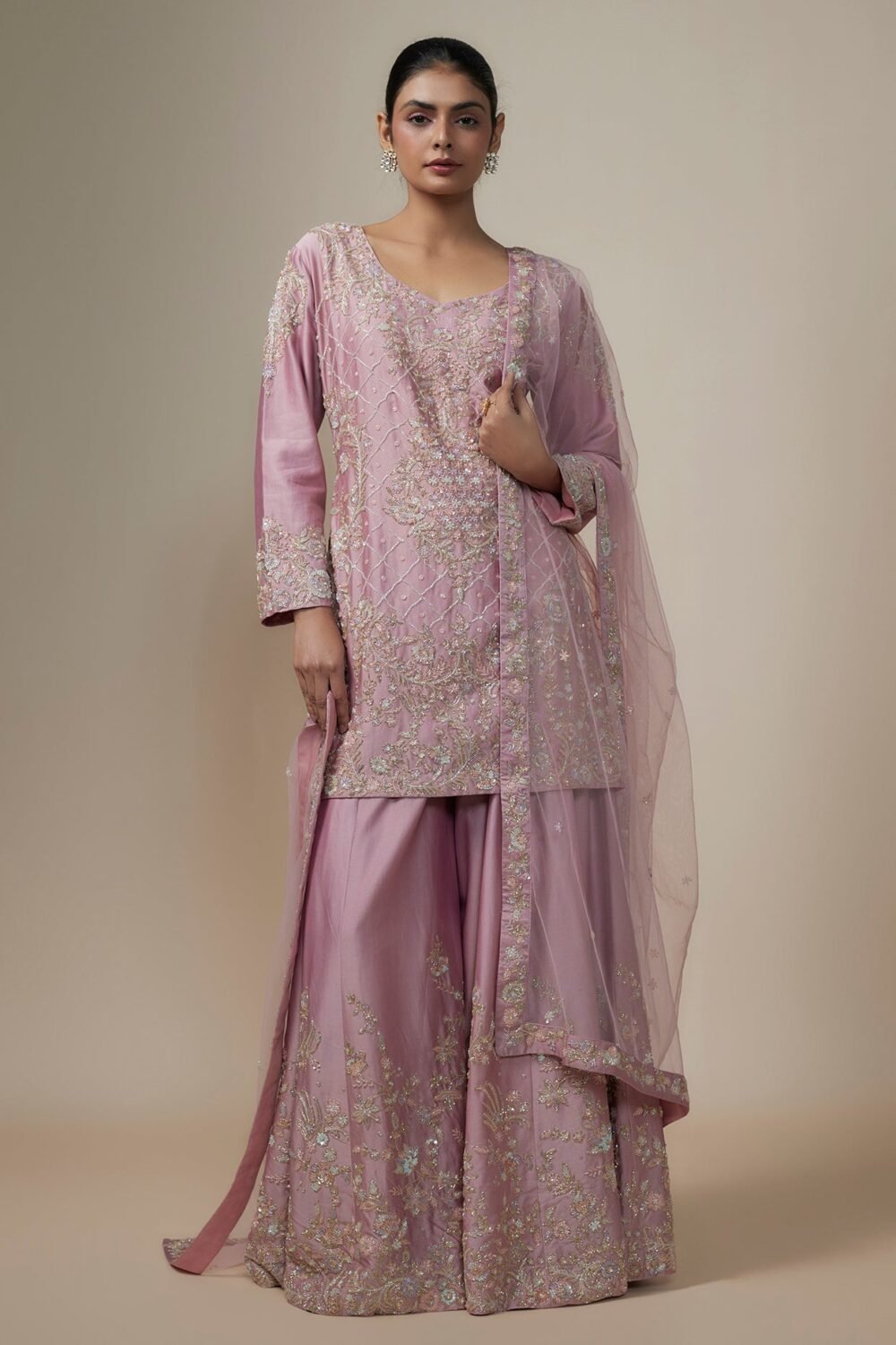 mauve chanderi silk aari & zardosi embroidered sharara set