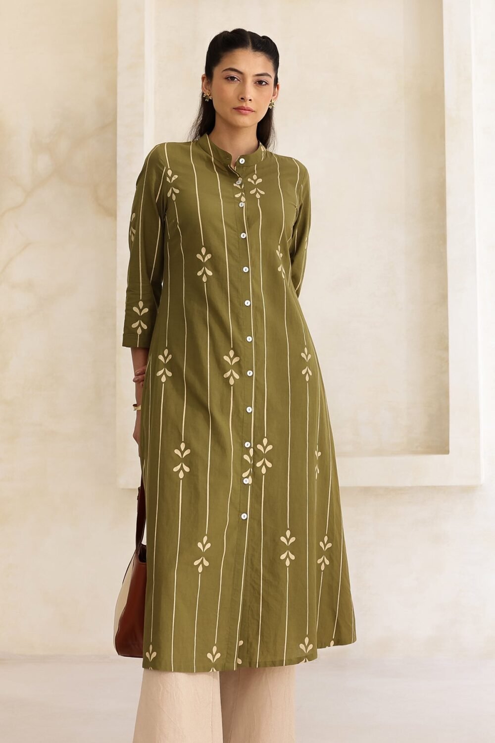 Cotton Abstract Flared Kurta - Green