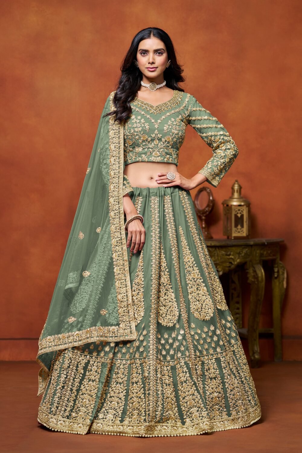 Green Sequins & Thread Embroidery Net Engagement Lehenga