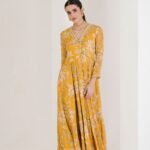 Yellow Floral Print Hand Embroidered Anarkali (set of 3)