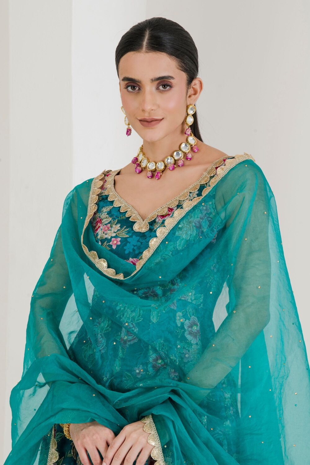 Green floral print anarkali set