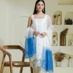 white & blue hand embroidered 3 piece kurta set