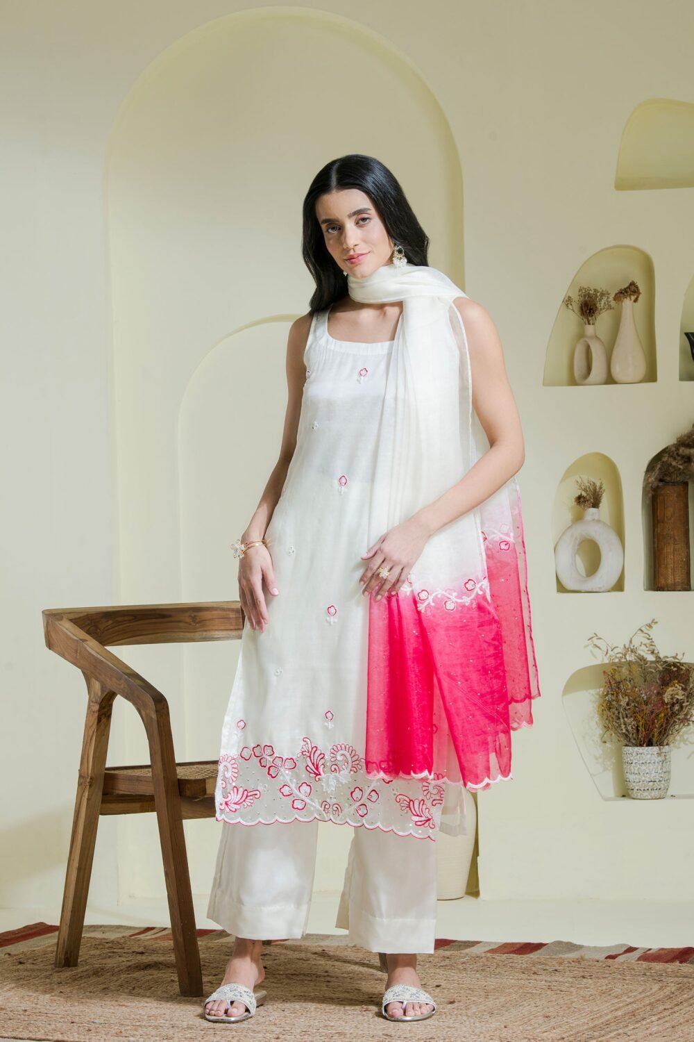 white & pink hand embroidered three piece kurta set