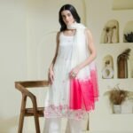 white & pink hand embroidered three piece kurta set