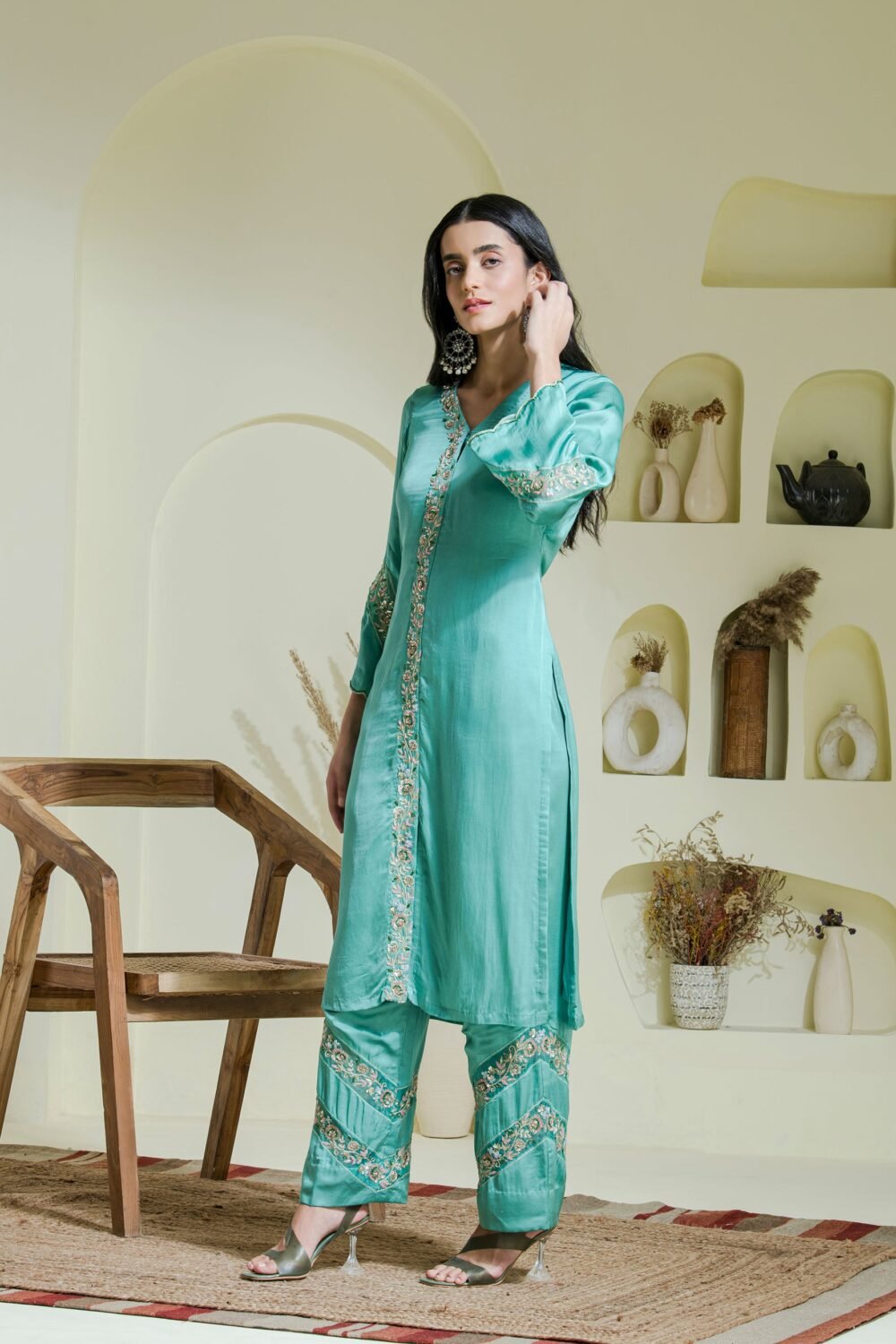 sea green hand embroidered three piece kurta set