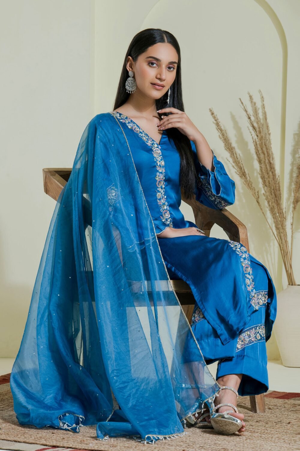 cobalt blue hand embroidered three piece kurta set