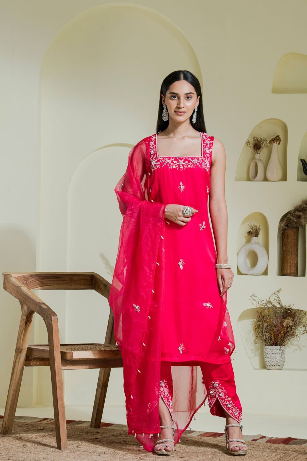 Ruby pink hand embroidered three piece kurta set