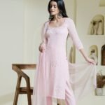 Baby pink hand embroidered three piece kurta set