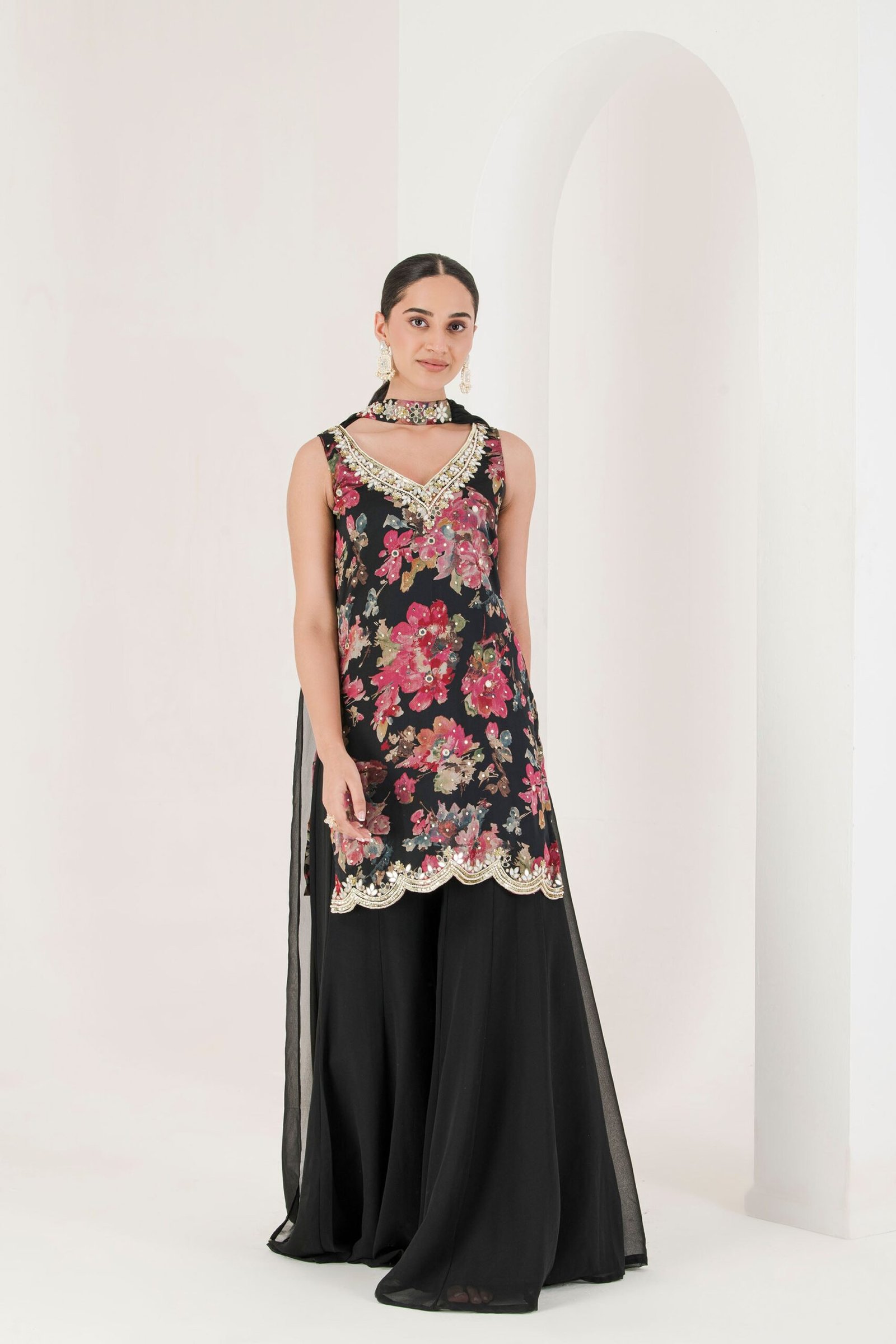 Black floral print embroidered sharara set