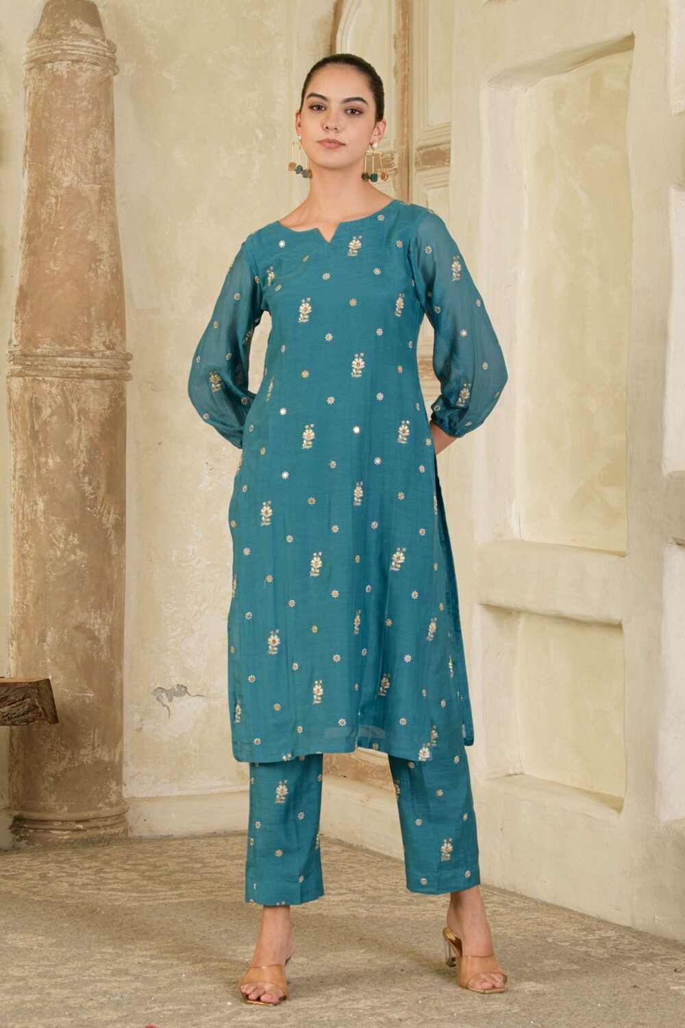 Teal Blue Embroidered Chanderi Kurta with Pants ( Set of 2 )