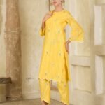 Vibrant Yellow Hand Embroidered Chanderi Kurta and Pants ( Set of 2 )