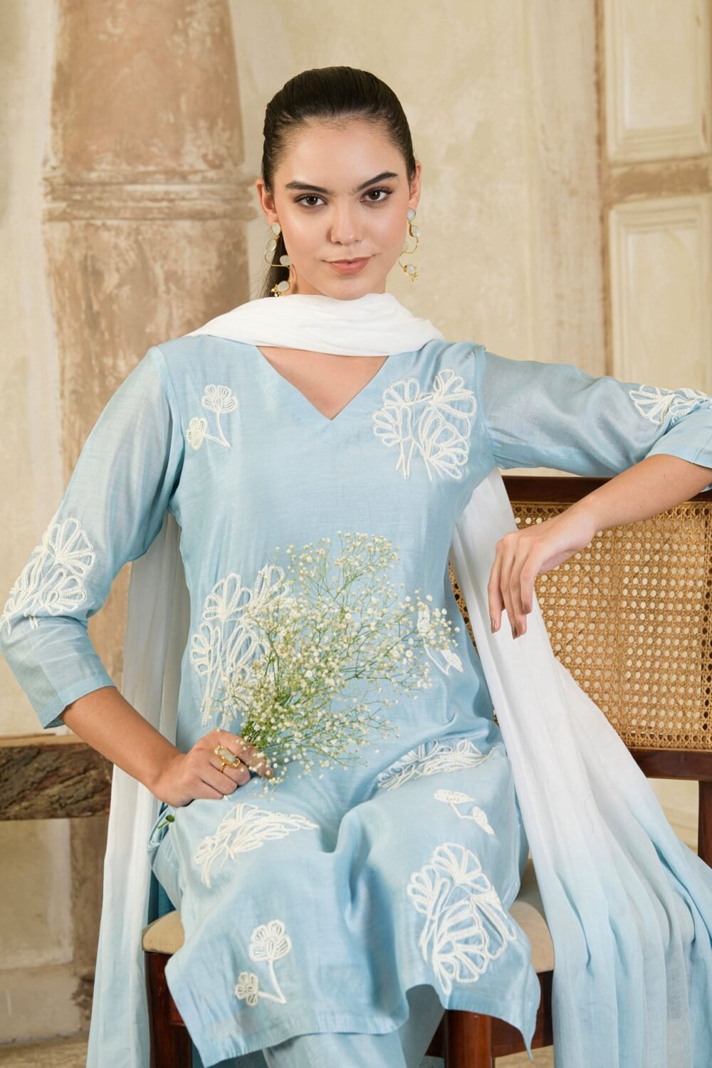 Sky Blue Hand Embroidered Chanderi Kurta Set ( set of 3 )