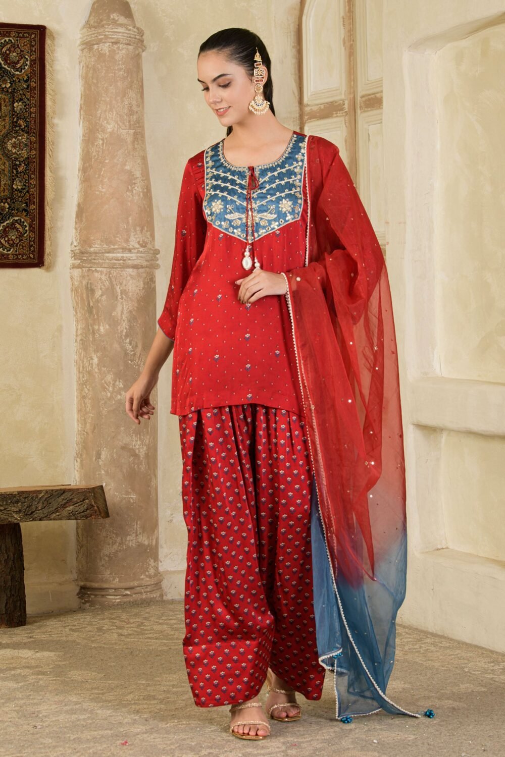 Maroon Print with Hand Embroidery Farsi Salwar Kurta set ( set of 3)