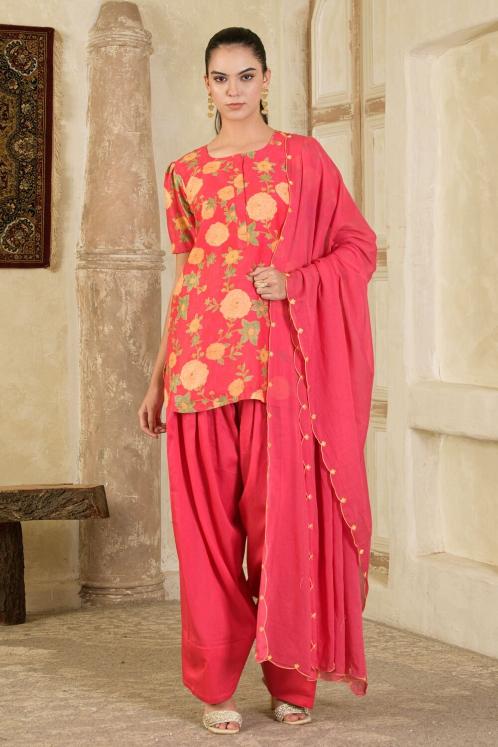 Pink Printed Farsi Salwar Kurta Set ( set of 3 )